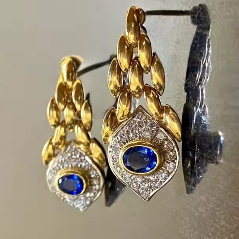 Vintage Royal Blue Sapphire Drop Gold Earrings - Picture 6 of 6